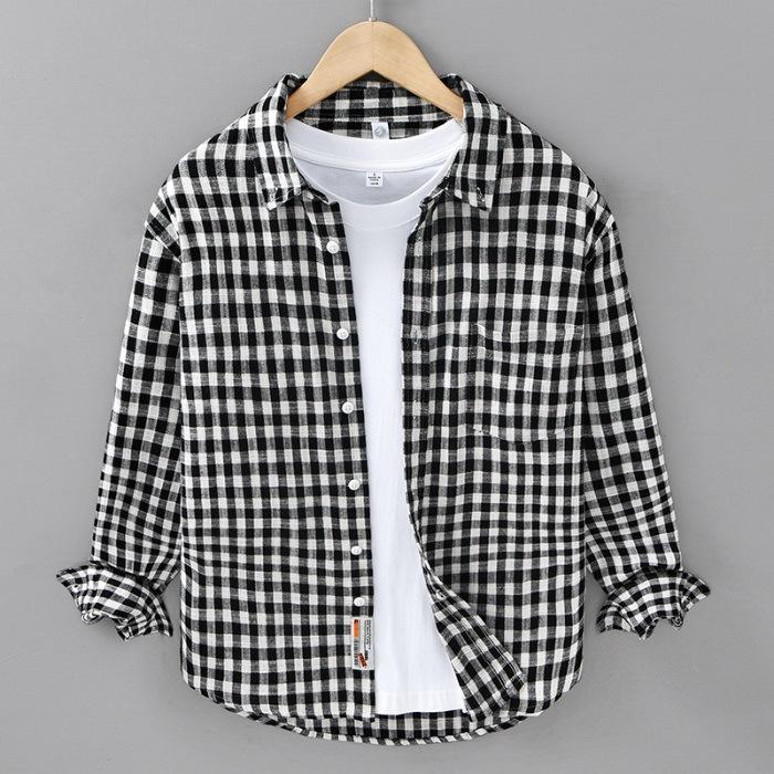 Spring Long-sleeved Plaid Shirt Men's Loose Casual and Versatile Youth Pure Cotton Fur Shirt