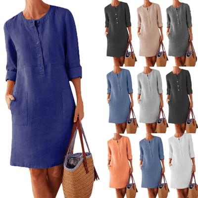 Autumn and Winter Cotton and Linen Dresses, Mid Length Long Sleeved Shirts, Skirts, Women's Clothing