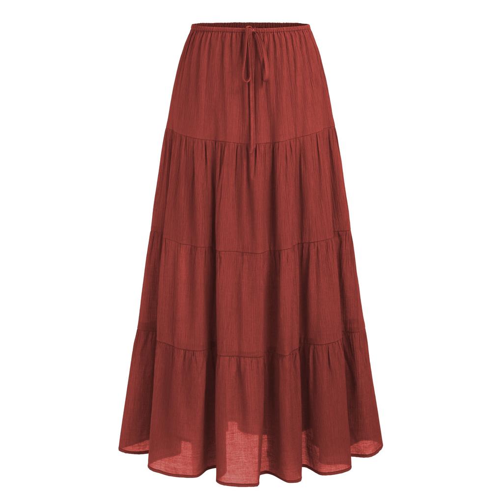 Women's Casual Maxi Skirts Summer Boho Solid Beach Elastic High Waist Pleated A-Line Flowy Swing Long Maxi Skirts Elastic Waist Long Skirt for Women