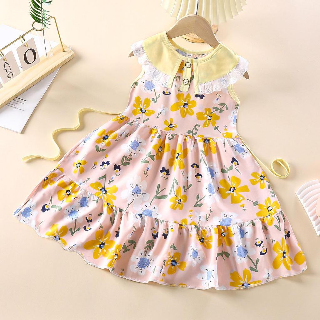Summer Girls' Sleeveless Floral Princess Dress - Cotton Silk Blend for Outdoor Wear