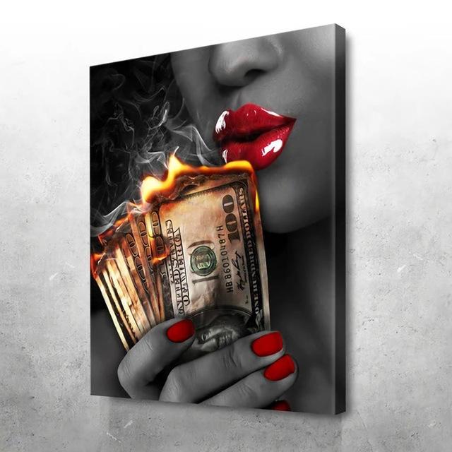 Art Red Lips Canvas Painting Print Pictures Lovers Girl Fire Money Wall Art Poster Modern for Living Room Office Bar Home Decor