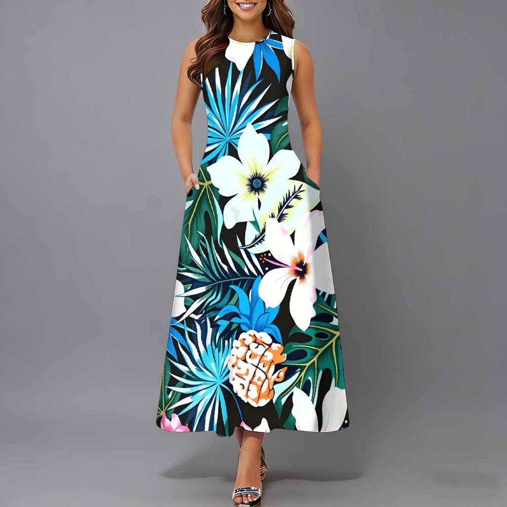 Women Plus Size Sleeveless Round Neck Dress Luxe Large Blossom Printed Flowy Calf Length Gown