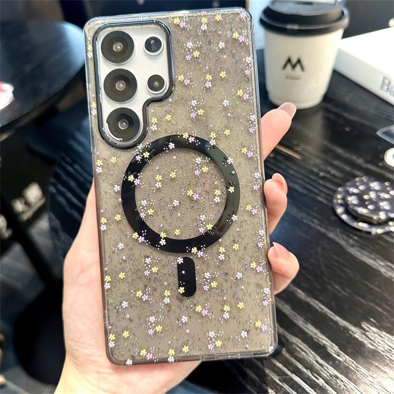 Koreanische minimalistische Glitzerblumen-Magnet-Handyhülle für Samsung S25 Ultra/S24 Plus