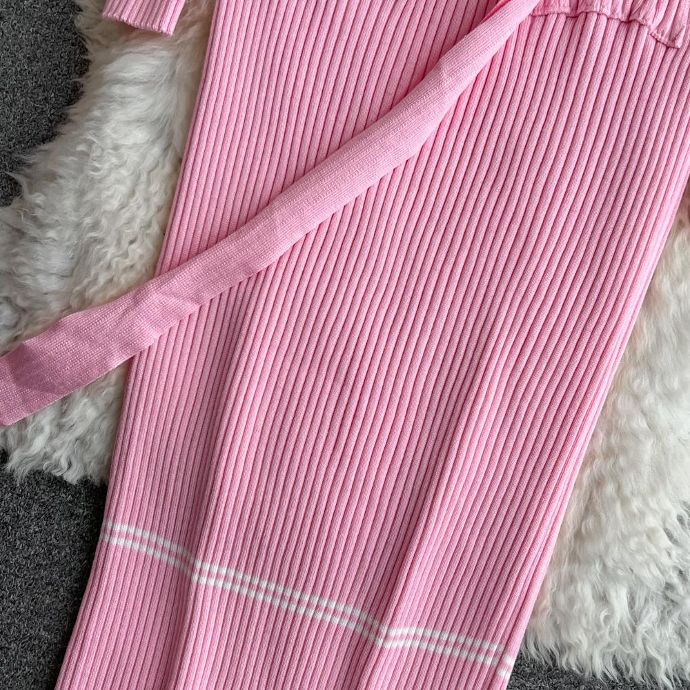 Women Dress  Autumn Winter Elegant Rib Knit Long Pencil Dress with Belt Office Lady Bodycon Sweater Dress