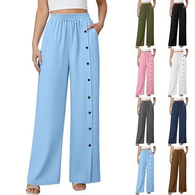 Women Casual Straight Leg Pants High Waist Elastic Waistband Button Closure Pockets Cotton Linen Blend Relaxed Fit Trousers