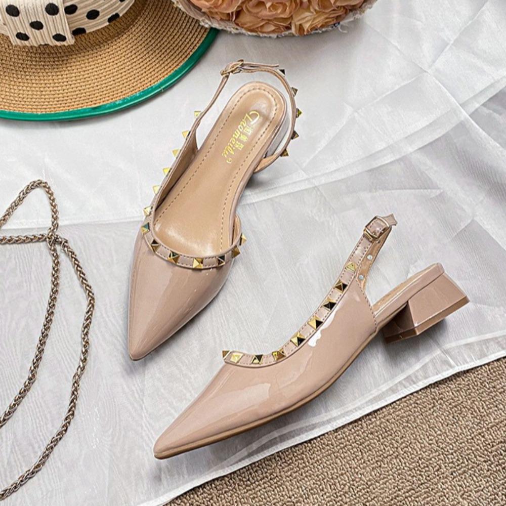 Baotou Sandals Women's Summer New Low-heeled Willow Nails Temperament Pointed Nude Word with French Large-size Single Shoes