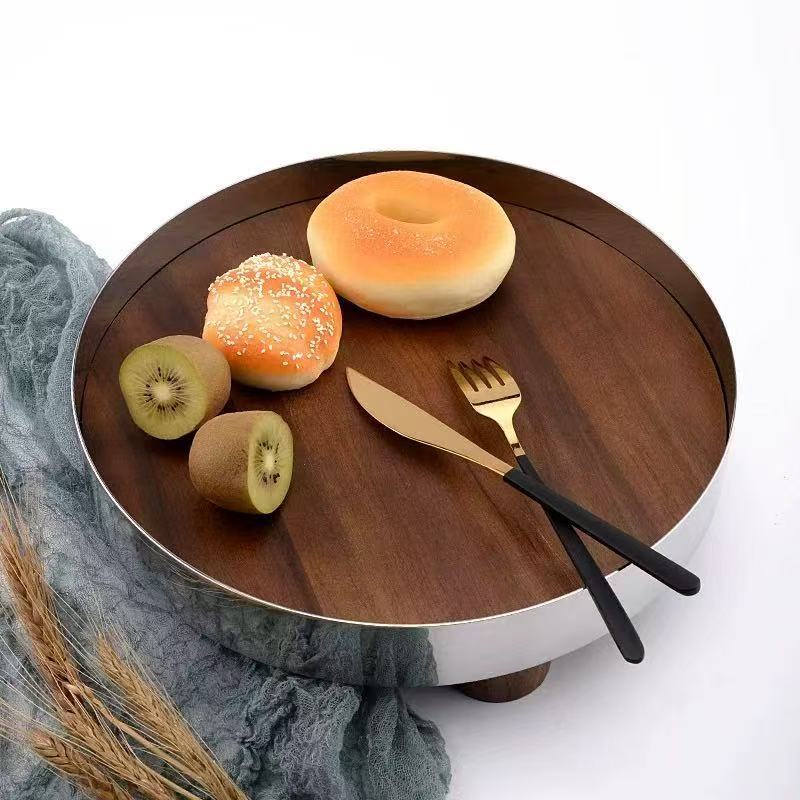 Luxury Tray Stainless Steel Wooden Perfume Simple Storage Trays Circular Decorative Fruit Bowl Kitchen Organizer Acceesories