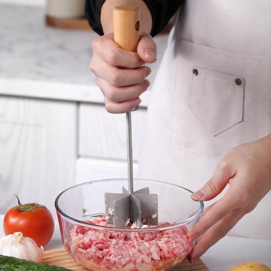 Stainless Steel Meat Masher with 6 Sharp Blades Wooden Handle Ground Beef Chopper Tool for Burger Potato Vegetable Mashing Kitchen Meat Smasher
