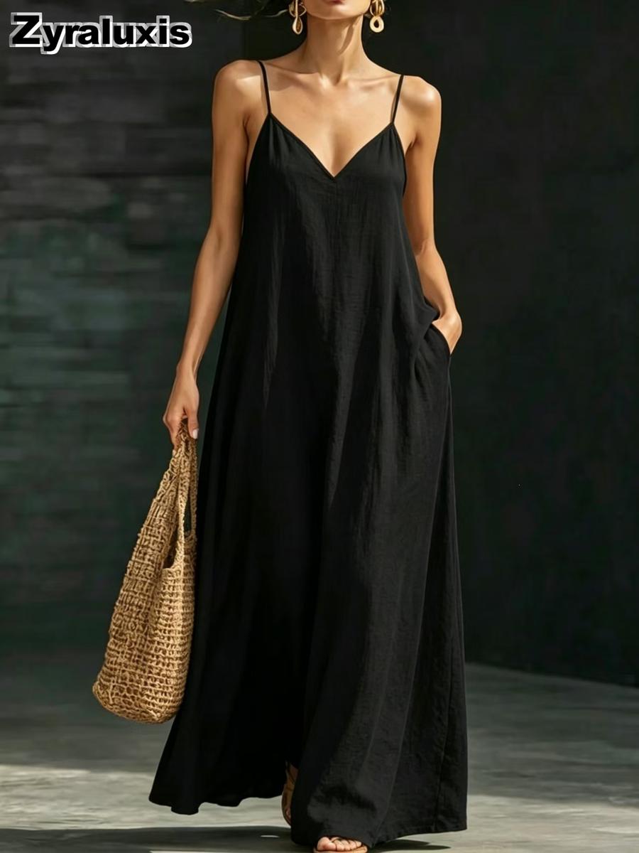 Women s Summer V-Neck Sling Dress Casual Fashion Maxi Solid Color Long Dress S чёрный