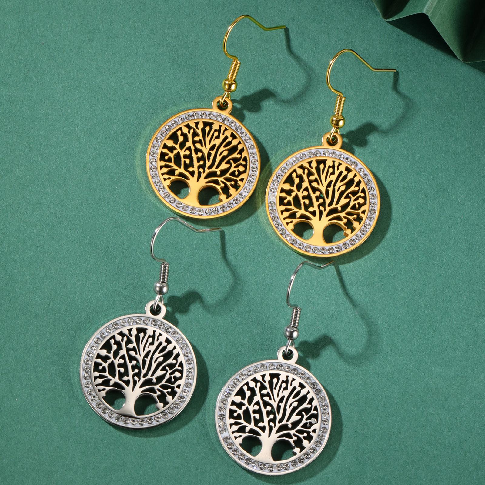 

Teamer Vintage Tree of Life Dangle Earrings Women Zircon Round Pendant Drop Earring Stainless Steel Jewelry Fashion Pendientes Steel Color