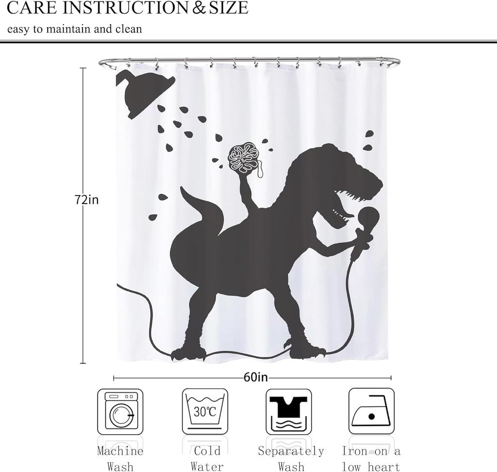 Funny Dinosaur Shower Curtain Kids Shower Curtains Set Cartoon Dino Raptor Silhouette Boys Bathroom Decor Fun Black White Fun
