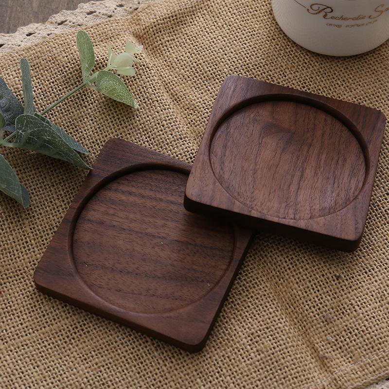 Black Walnut Solid Wood Square Coaster for Coffee Cups and Teapots, Unpainted with Logo.
