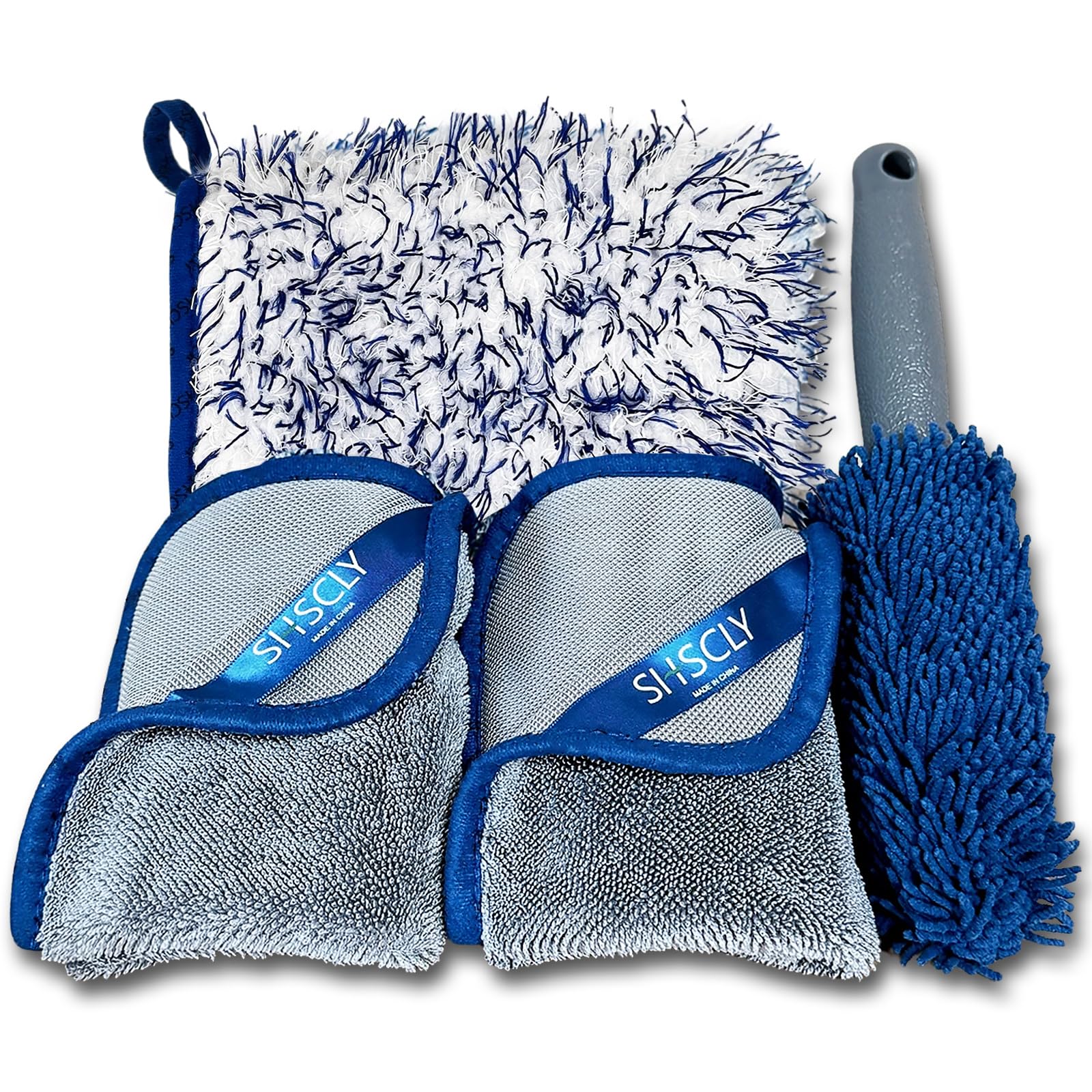 

SHSCLY Car Wash Set: Microfiber Car Wash Towels, Wheel Wash Brush, and Wash Mitt (4-Piece Set: 2 Wash Towels, 1 Brush, and 1 Mitt)