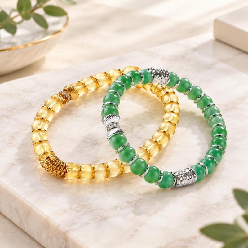 Natural Stone Stretch Bracelet Set, 2 Round Bead Bracelets with Mixed-Tone Spacers for Stacked or Separate Wear