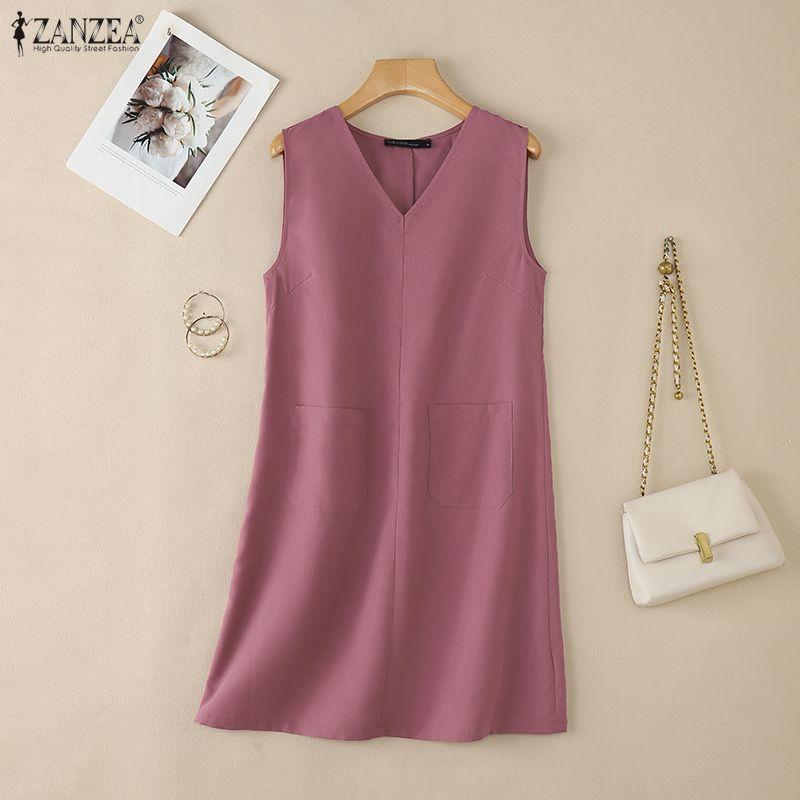 ZANZEA Women Casual V-Neck Summer Sleeveless Dress