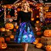 Women's Long Sleeve Round Neck Dress Halloween Print Casual Dress with A-Line Skirt and Waist Tie for Seasonal Occasion