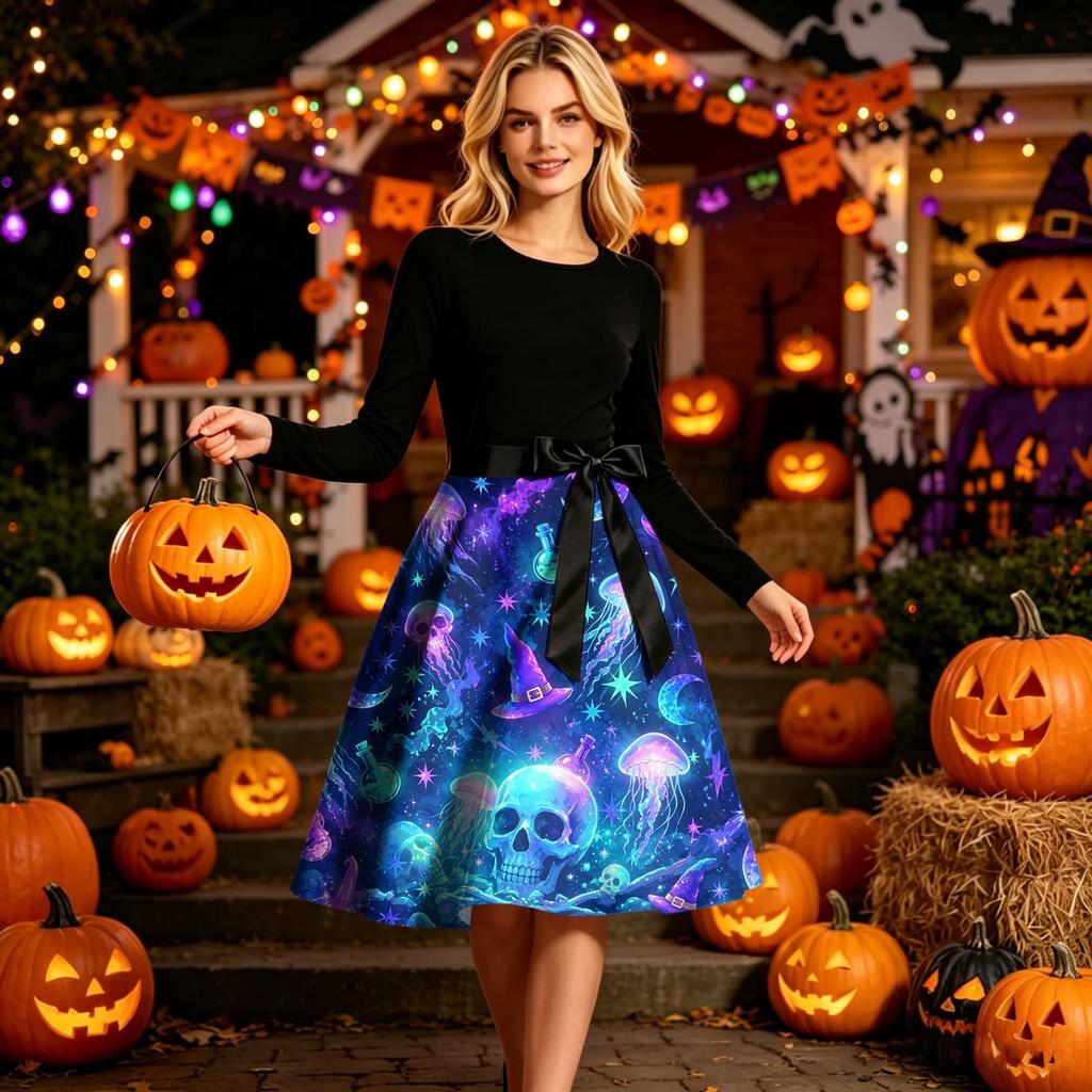 Women's Long Sleeve Round Neck Dress Halloween Print Casual Dress with A-Line Skirt and Waist Tie for Seasonal Occasion