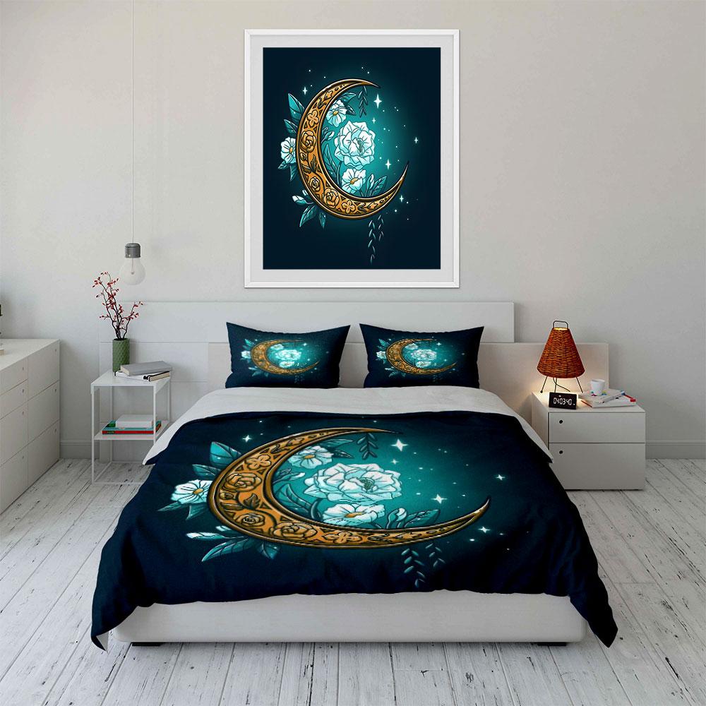 "Moon Flower Decorative Set" Bedding Set with 1 Duvet Cover 2 Pillowcases Single Double King Queen, Gift