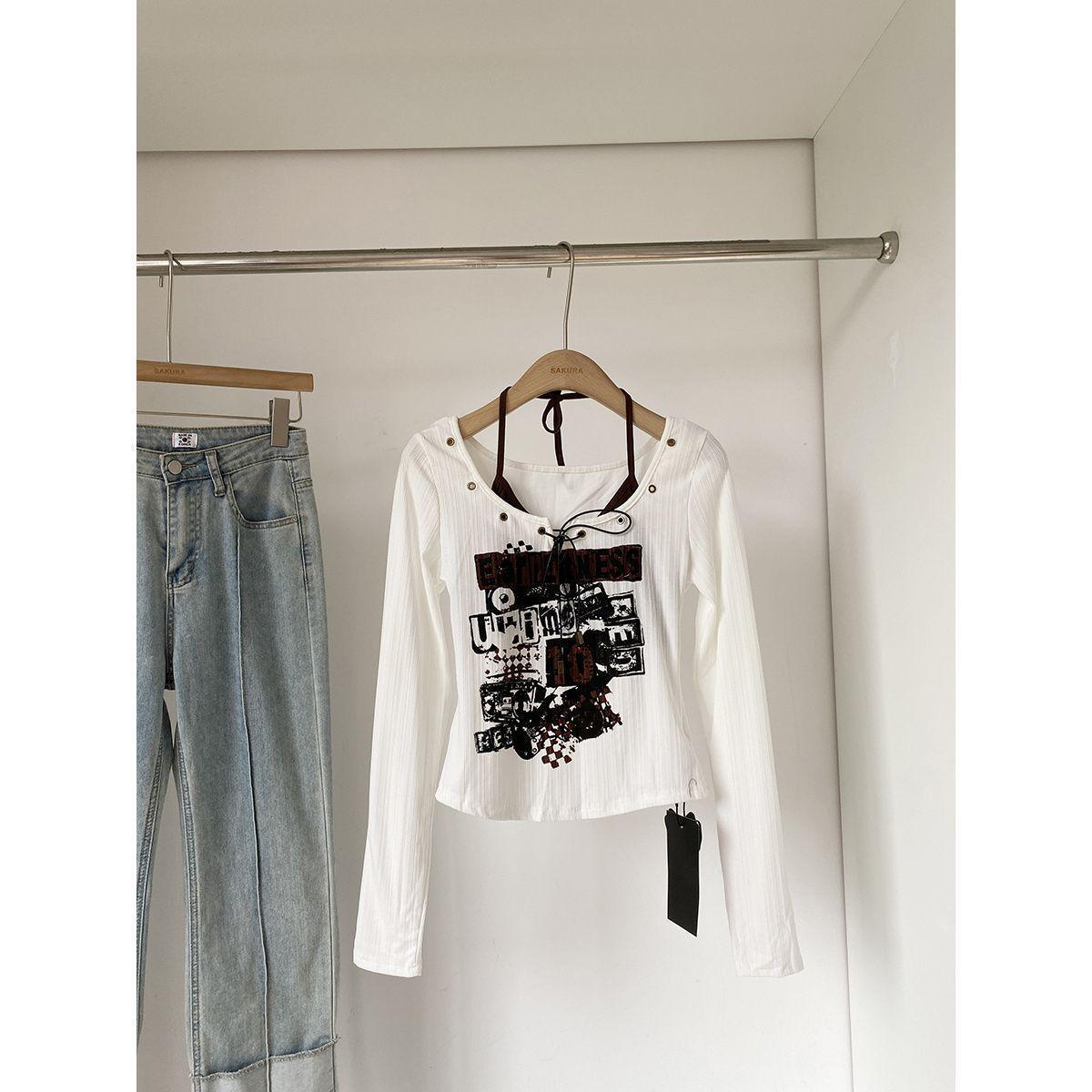

2025 Spring/Autumn Korean Style Slimming Lace-up Women s Long Sleeve Two-Piece Look Printed Top Medium белый