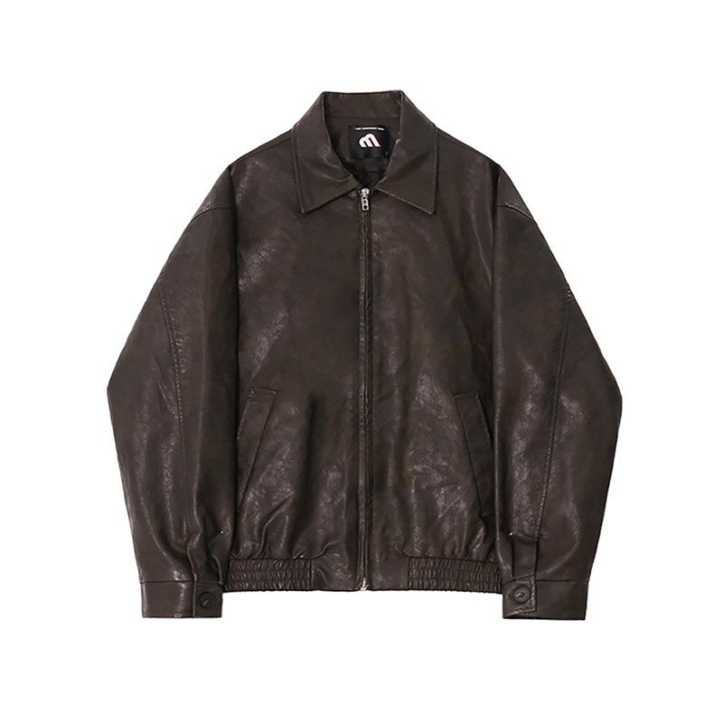 Retro Short Leather Jacket Men's Spring Loose Lapel Jacket Korean Style Trendy Distressed Leather Jacket