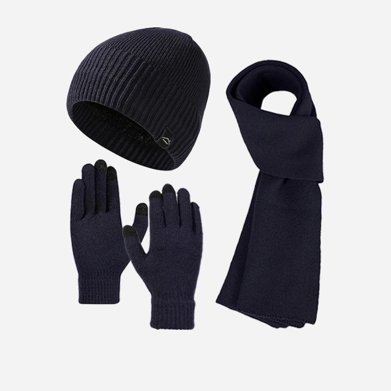 Thick Velvet Warm Windproof Three-Piece Set Big Head Circumference Knitted Hat Long Scarf Touch Screen Gloves