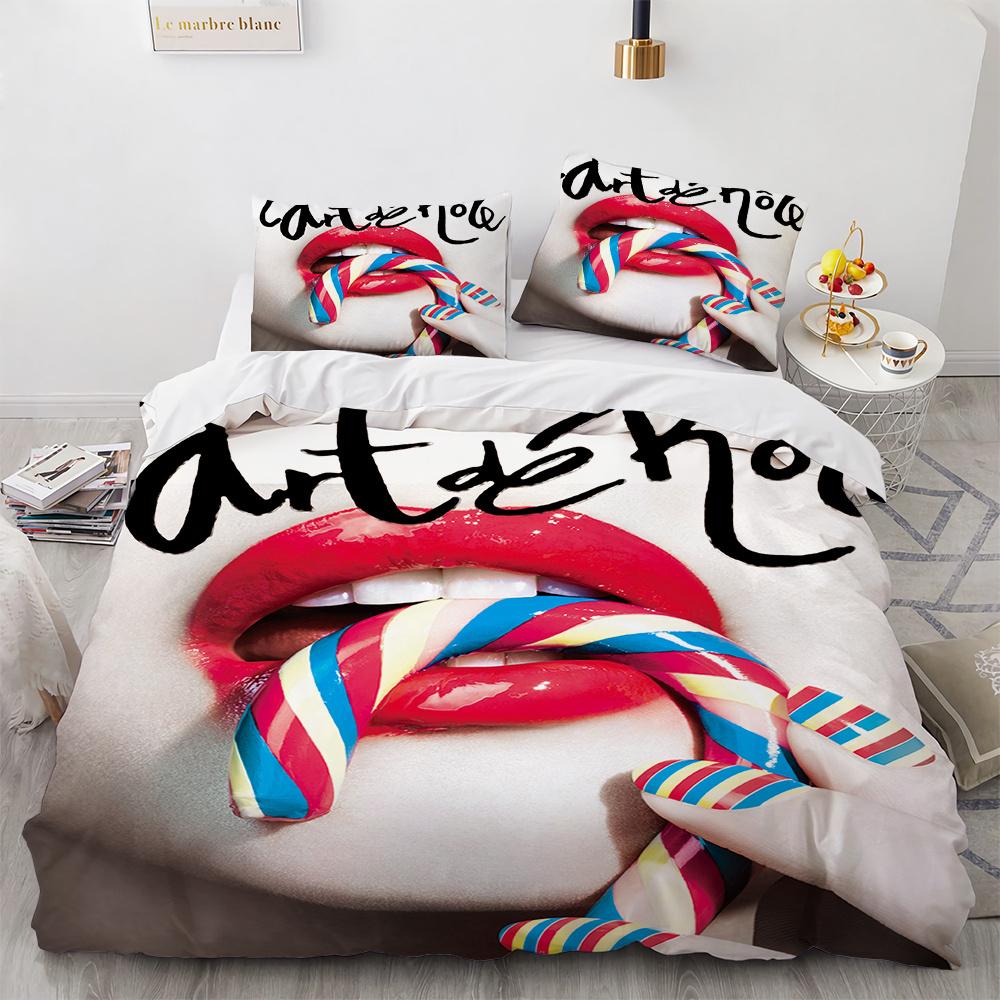 3D Print Red Lips Duvet Cover Set Sexy Theme Romantic Style for Girls Women Couple Bedding Set King Queen Size with Pillowcase