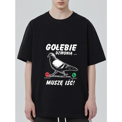 Schwarzes T-Shirt mit Tauben- und Textdesign für Freizeitkleidung
