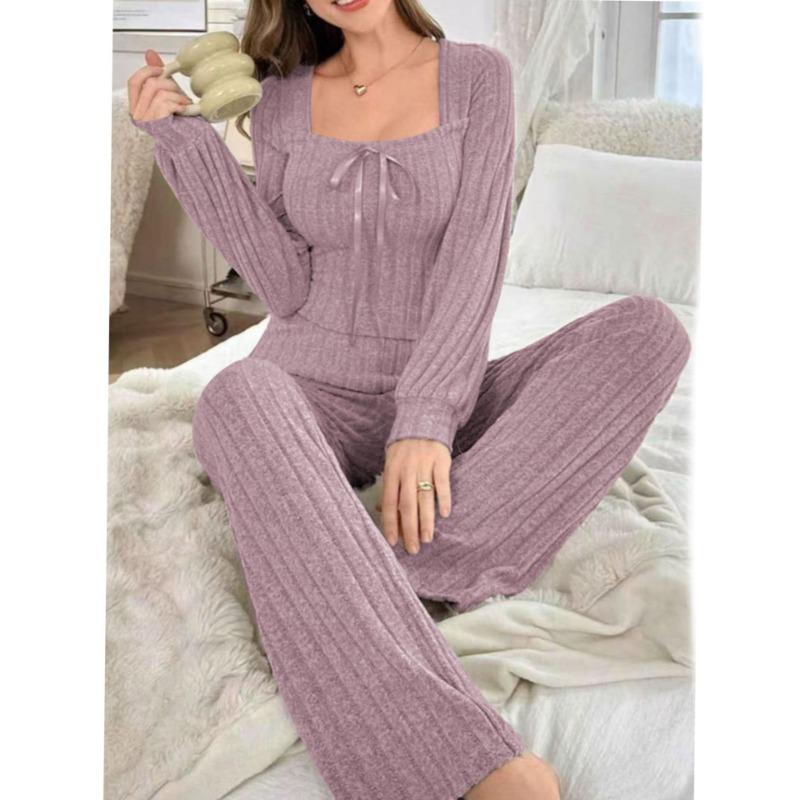 Dames Pyjamaset met Lange Mouwen en Lange Broek, Geborstelde Ribstof, Comfortabele Huispyjama