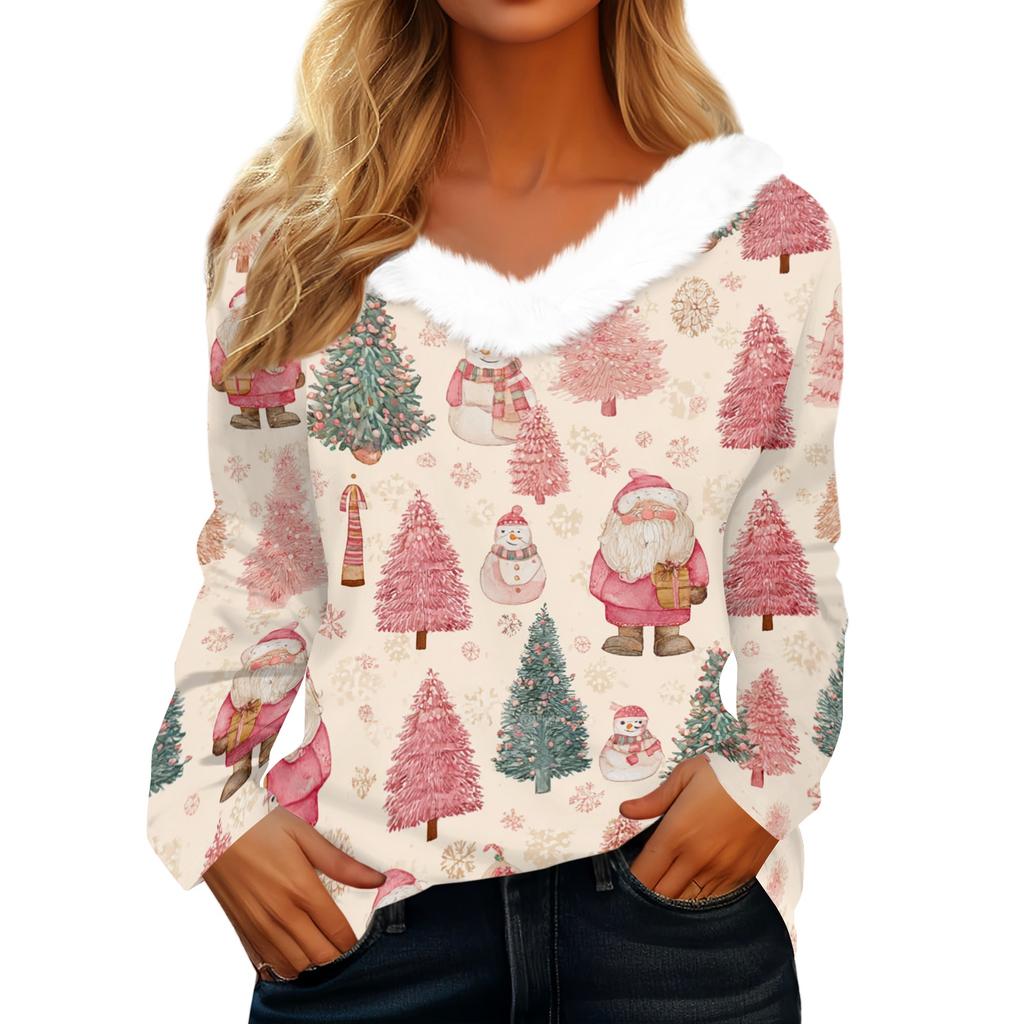 Langermede skjorter for kvinner Søte topper juletrykk T-skjorter Bluser Uformell Pluss størrelse Basic Topper Pullover