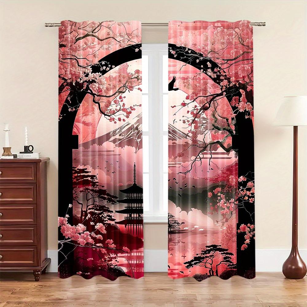 2 Pcs Vintage Japanese Cherry Blossom Blackout Curtains - Heat Insulating, Privacy-Enhancing, Machine Washable for Bedroom & Liv 60×150