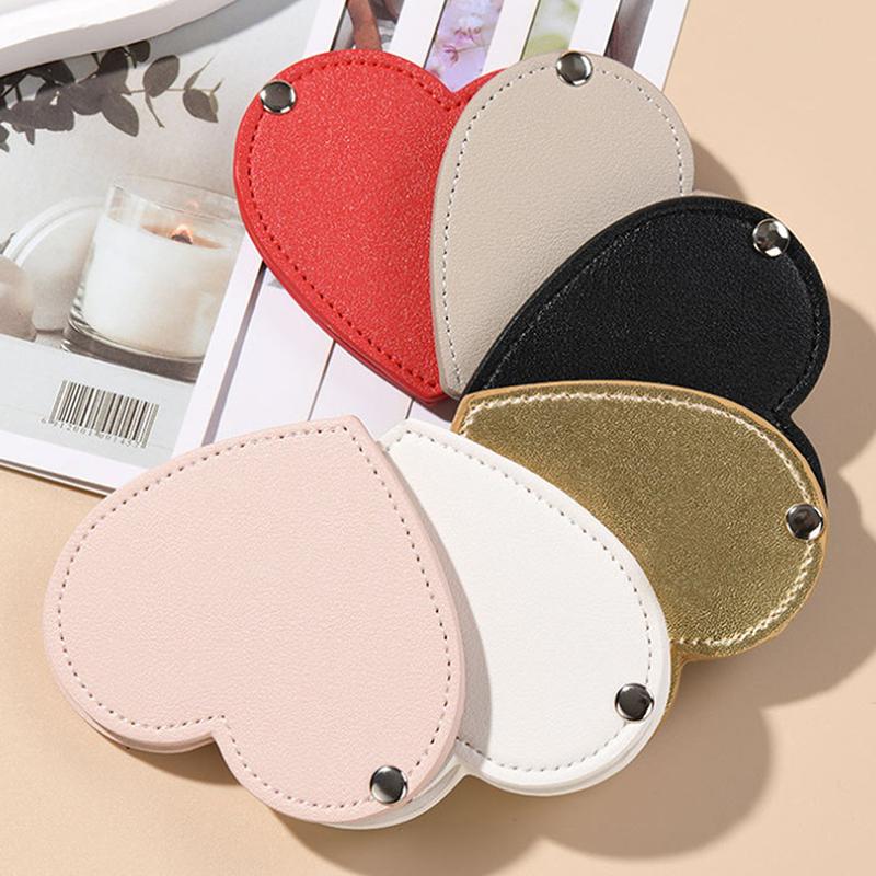 1pc Mini Heart Shaped Makeup Mirror Stainless Steel Portable PU Cover Rotary Cosmetic Mirrors Pocket Mirror Beauty Accessories