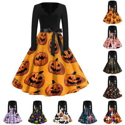 Women's Casual Vintage Halloween Dress V Neck Long Sleeve Floral Print Retro Style A Line Midi Dress with Waist Tie