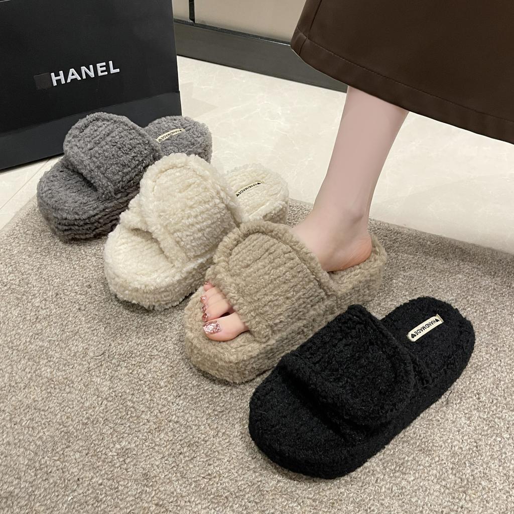 Fashion Thick-soled Fur Slippers for Women, Warm and Velvet-strap Lamb Plush Cotton Slippers