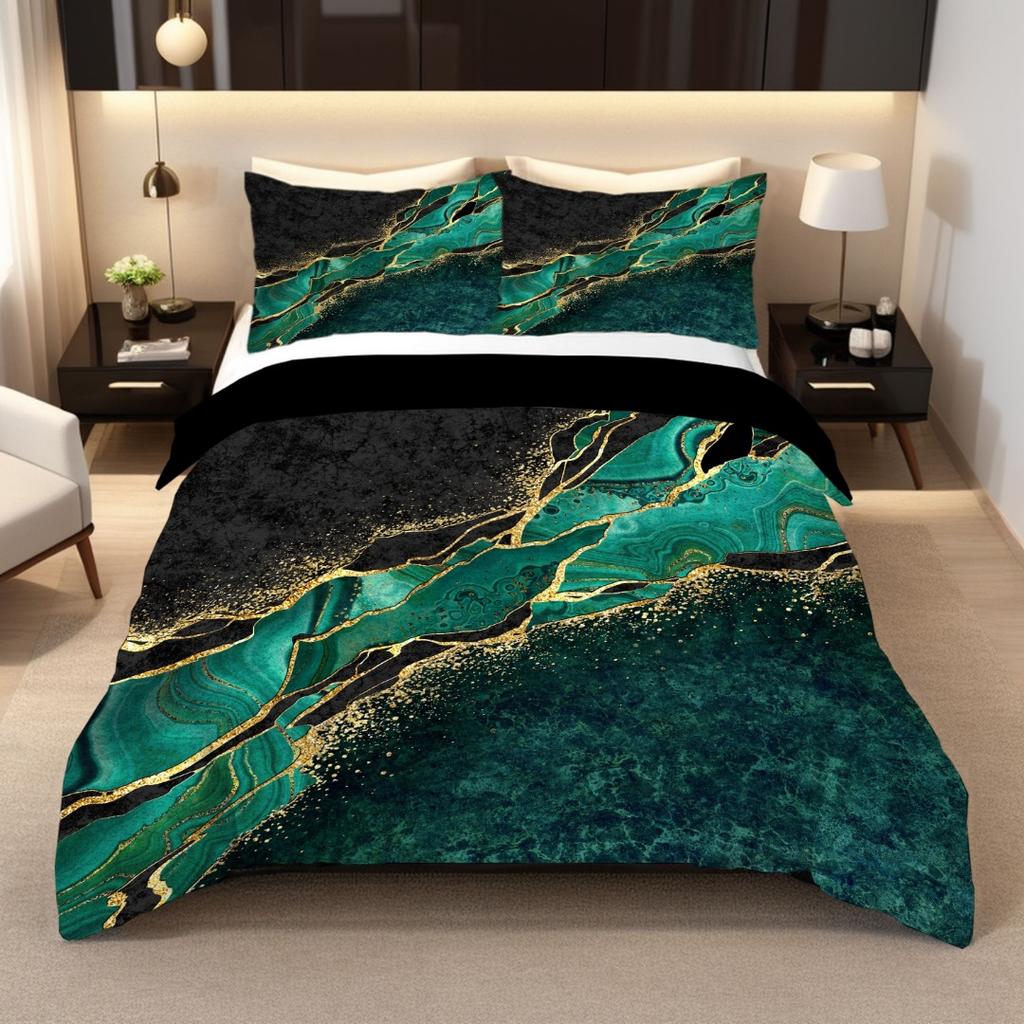 3pcs Retro Green Golden Marble 3D Printed Bedding Set Cozy Duvet Cover King Queen Twin Size Birthday Gift Bedroom Decoration