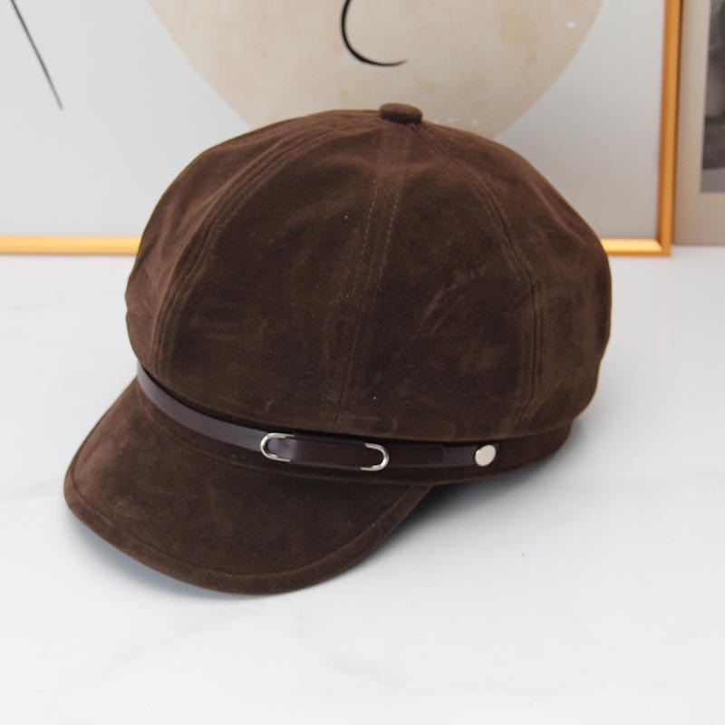 Autumn and winter retro octagonal newsboy hat female British temperament belt buckle short brim beret showing face small painter cap