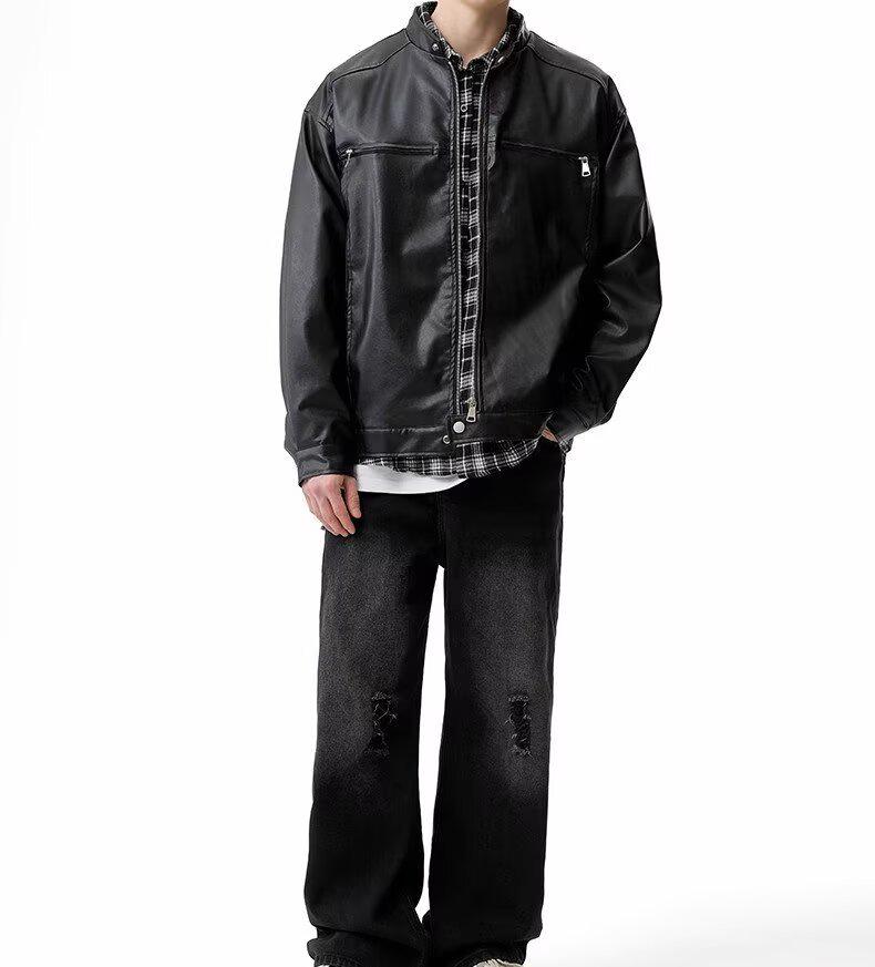 Men's Retro High-End Leather Motorcycle Jacket with Stand Collar - Loose Fit, Plus Size, Fashionable Casual Outerwear.