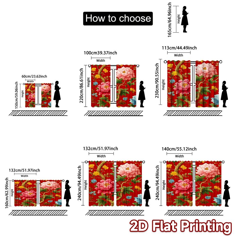 2D FLAT PRINTING 2pcs Curtains (Without Rod) Floral Red Celebration Design Holiday Easter Printed Curtains Polyester Curtains