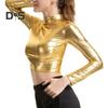Women Club Top Half High Collar Glossy Surface Skinny Waist Exposed Solid Color Pullover Soft Breathable Lady Pole Dance Performance Party Crop Top