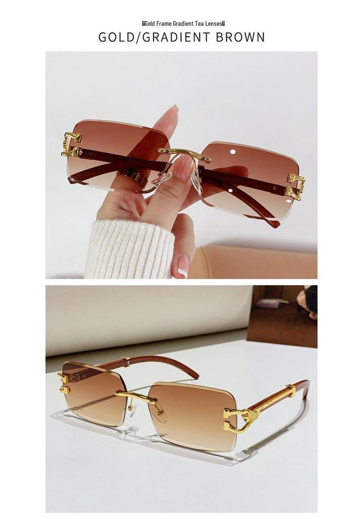 2026 Frameless Faux Wood Grain Leopard Head Men's Square Sunglasses with Leopard Temple.