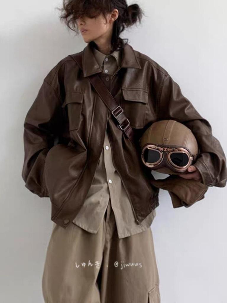 "Spring & Autumn Japanese Retro PU Motorcycle Leather Jacket for Boys & Girls - Classic Brown, Loose Fit, Unisex Casual Coat."