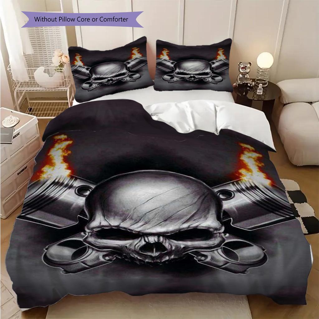Skull Flames Wings Engines Three-piece Set (1 * Duvet Cover + 2 * Pillowcase, Without Core) 2D Flat Christmas Birthday Gift Duvet Cover and Pillowcase