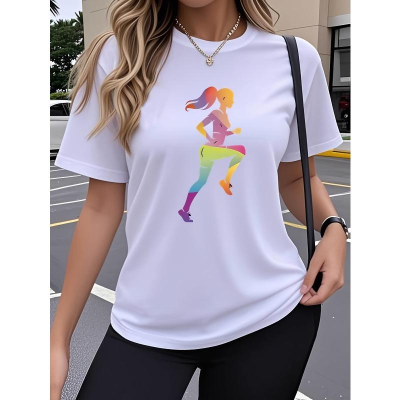 

Women s Short-Sleeve T-Shirt, Single Pack, Colorful Running Art Trendy Design with Fun Printed Pattern, Stretchy Crew Neck Top S белый