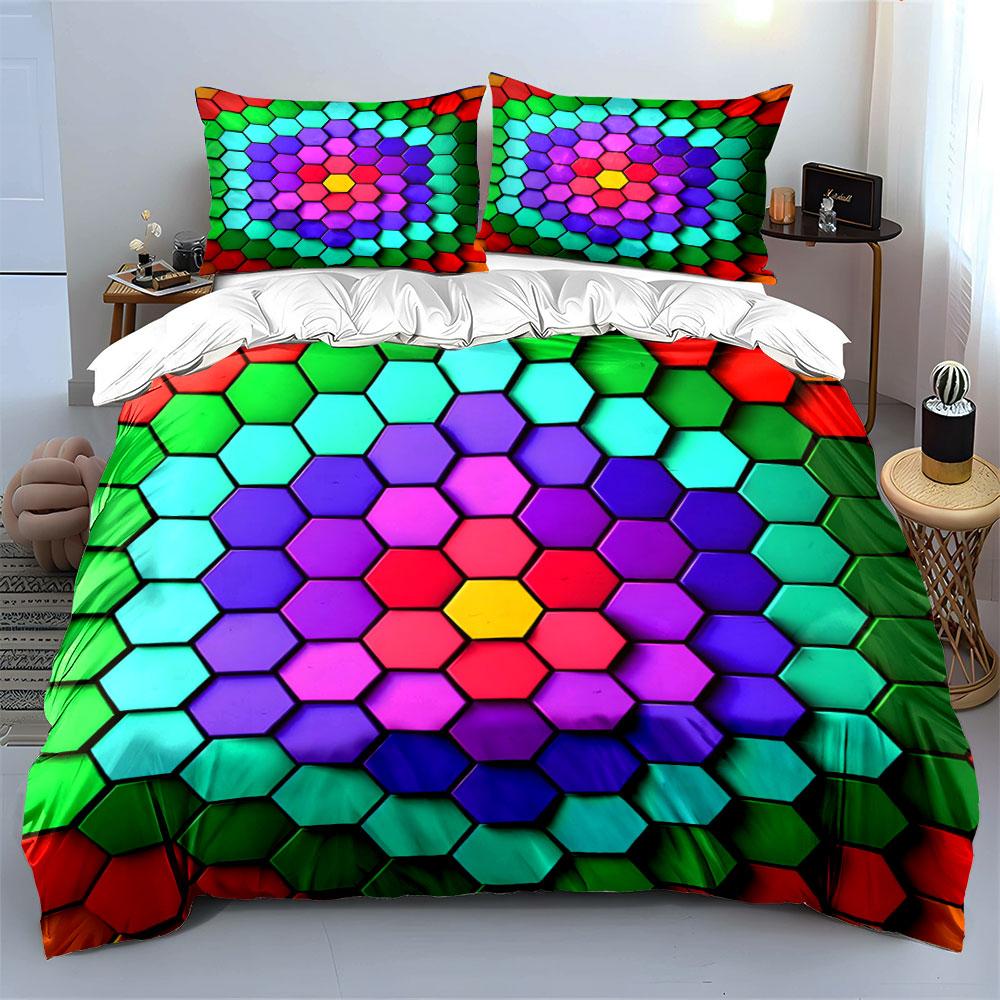 3Pcs Rainbow Hexagon Bedding Set, Geometric Honeycomb Print Duvet Cover + 2 Pillowcases, Colorful Decor