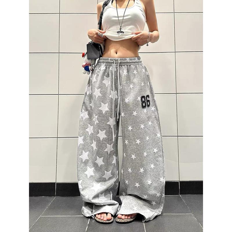 

Retro Y2k Star Printed Sports Pants Women Autumn Winter High Street Hip-hop Loose Casual Gray Wide Leg Pants XS серый