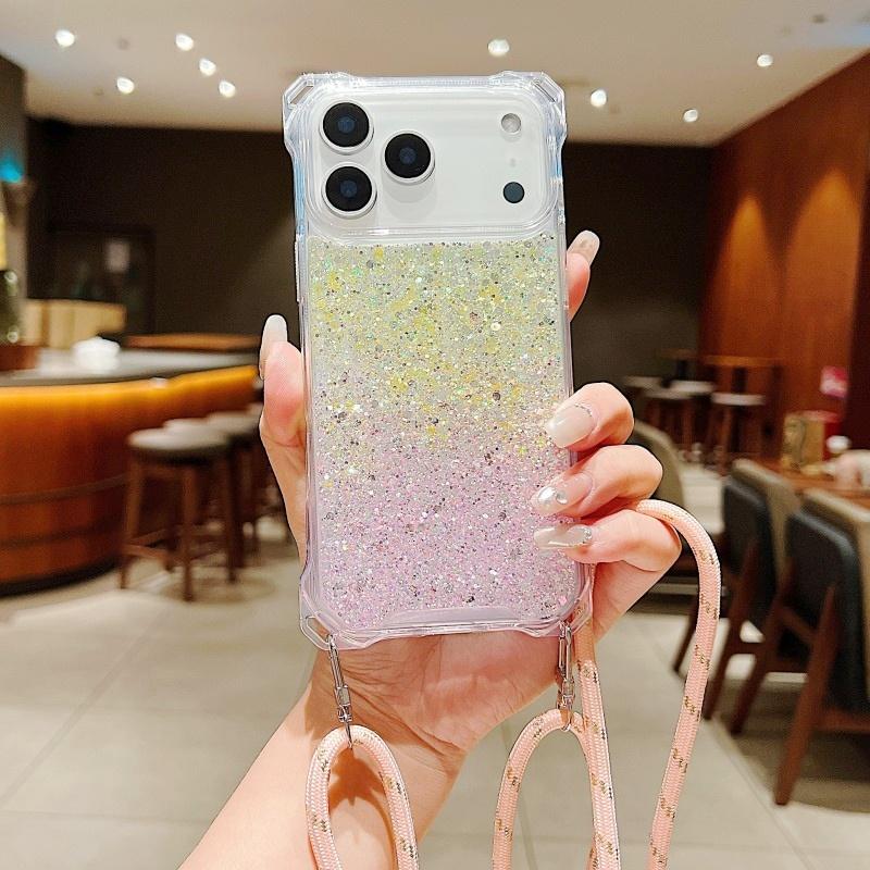 Four Corners Strap Glitter Case For iPhone 17 Pro Max 16 15 11 12 13 14 Plus Air Shockproof Crossbody Lanyard Rope Cord Cover