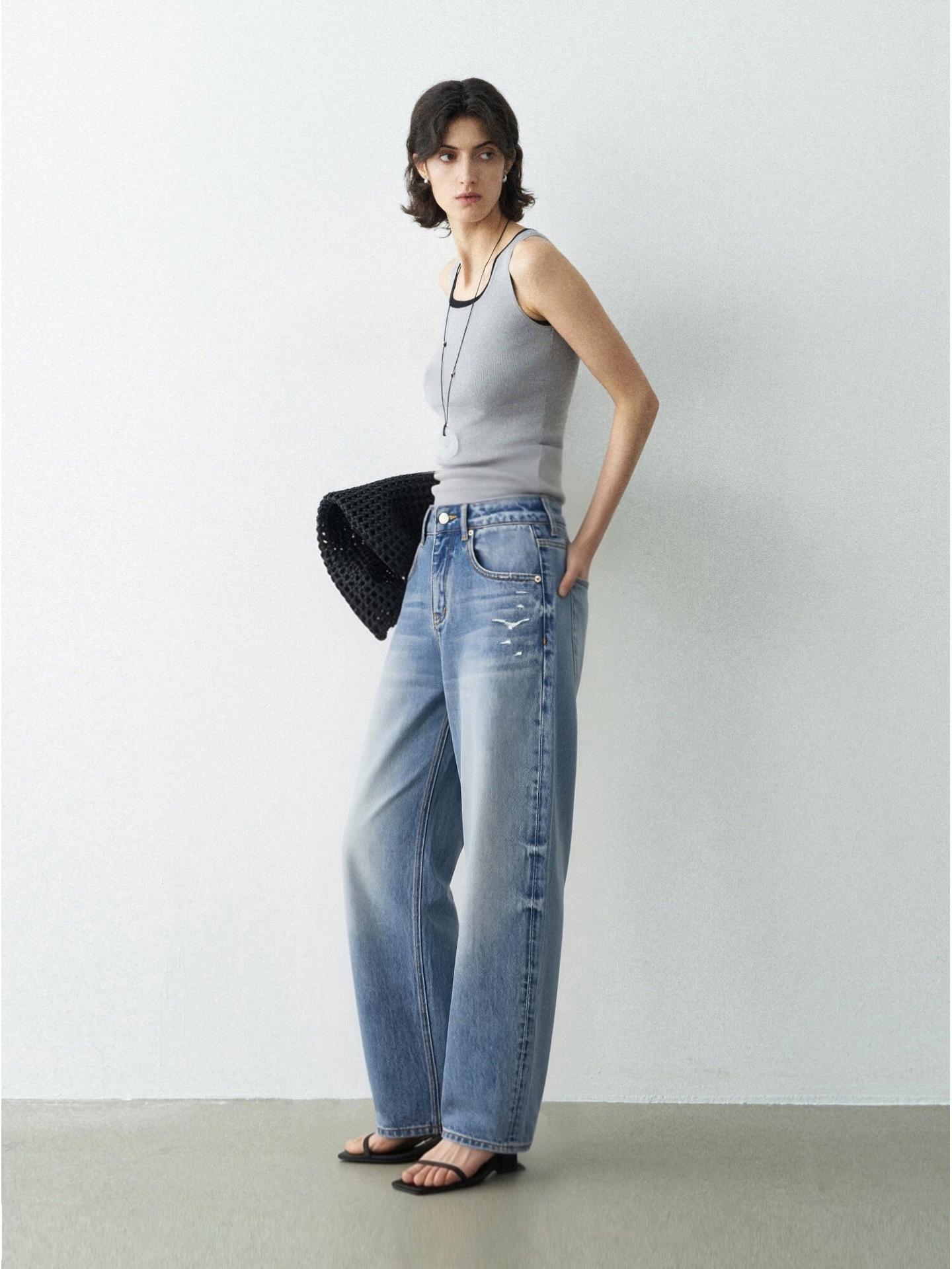 Women s Retro Light Blue High-Waisted Wide-Leg Jeans - Versatile Ripped Style for Spring/Summer XS