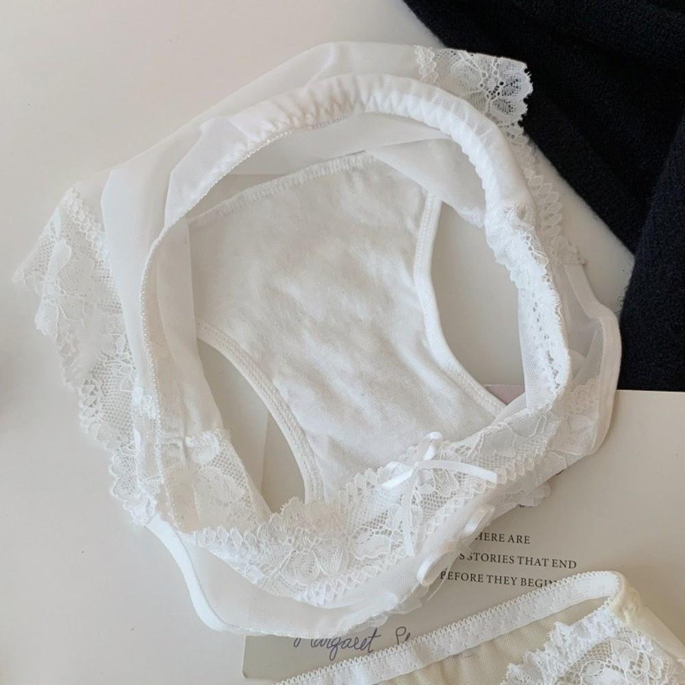 Sweet Bow Lace Flower Panties Seamless Patchwork Lace Mesh Briefs Transparent Low Waist Women Underwear Gifts