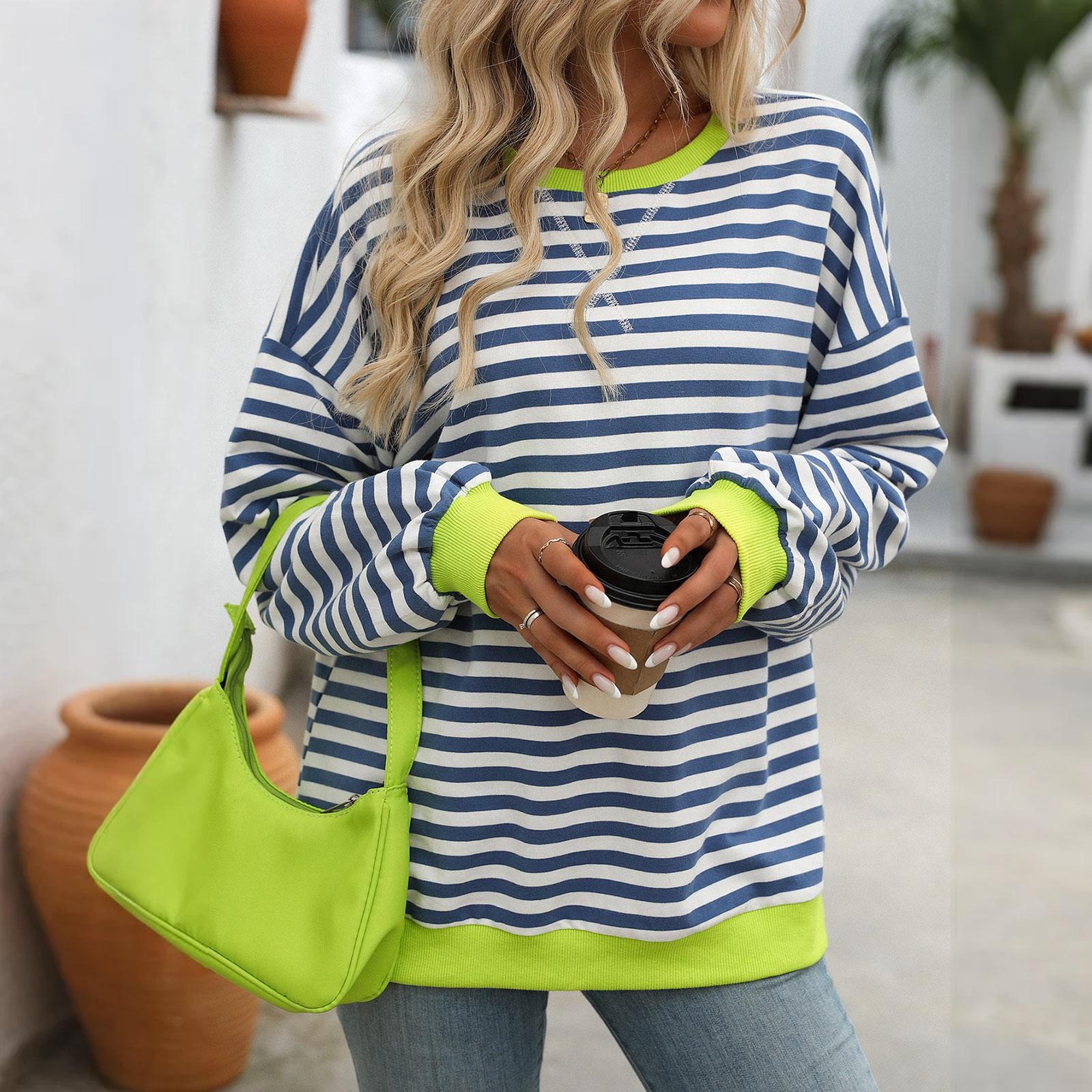 

Women s Colorful Striped Round Neck Loose Sweatshirt XL синій