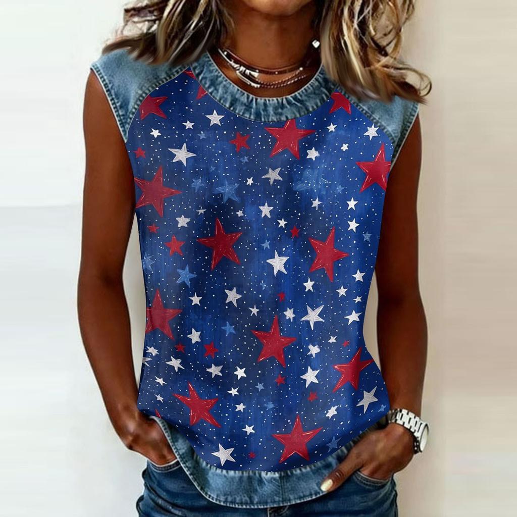 Women Sleeveless Pullover Tank Top Casual Round Neck Star Print Shirt Lightweight Summer Blouse Relaxed Fit