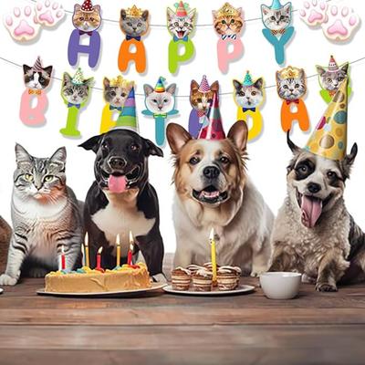 Kedi Temalı Doğum Günü Afişi - Kedi Yüzü ve Pati İzi Mutlu Yıllar Dekorasyonu, Erkekler, Kızlar, Çocuklar, Yetişkinler ve Evcil Hayvanlar için